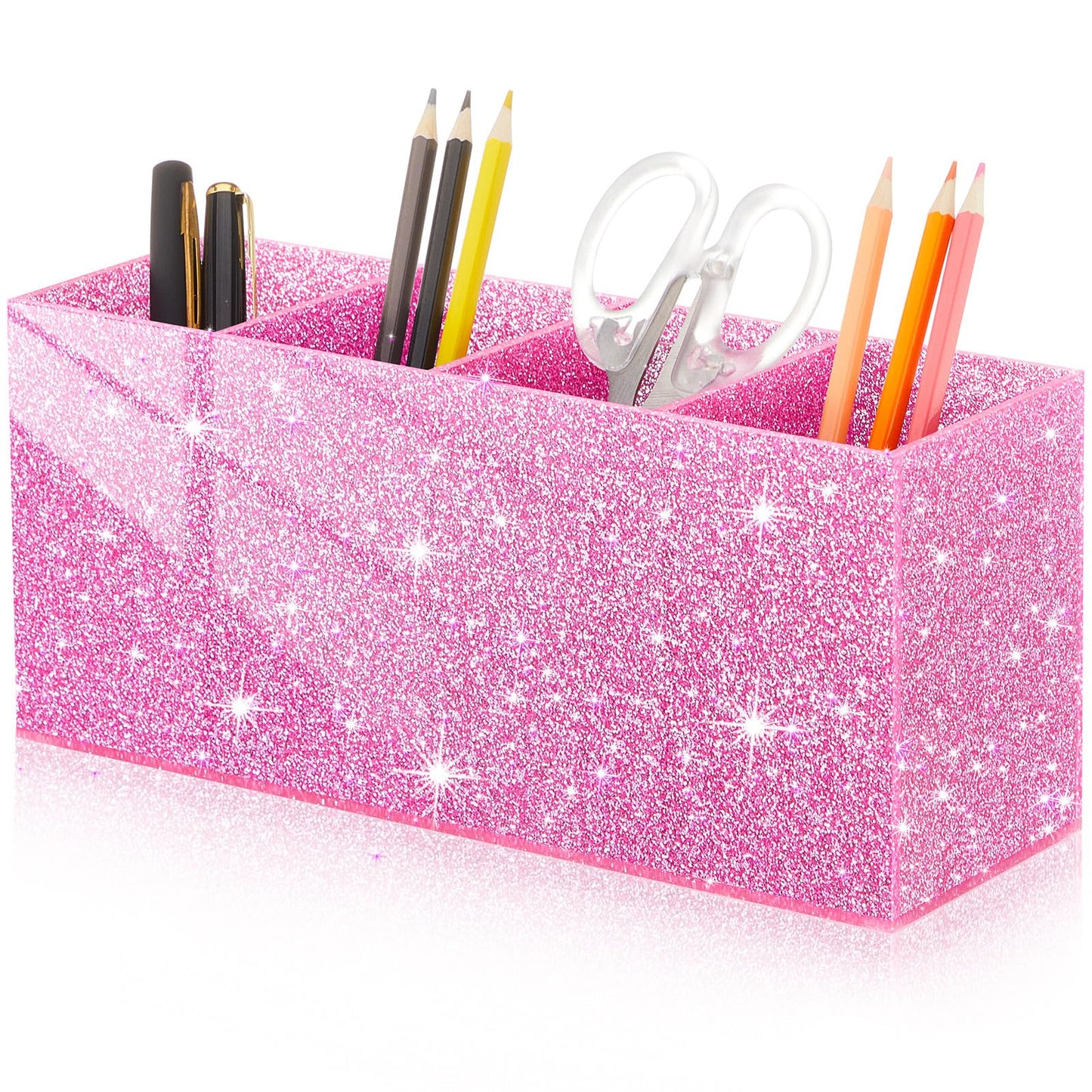 Jetec Acrylic Glitter Pen Holder 4 Compartments Bling Makeup Brush Stationery Organizer Pencil Holder for Desk Accessories Sparkly Gifts for Women Birthday Valentines Desktop Workplace Office(Pink)