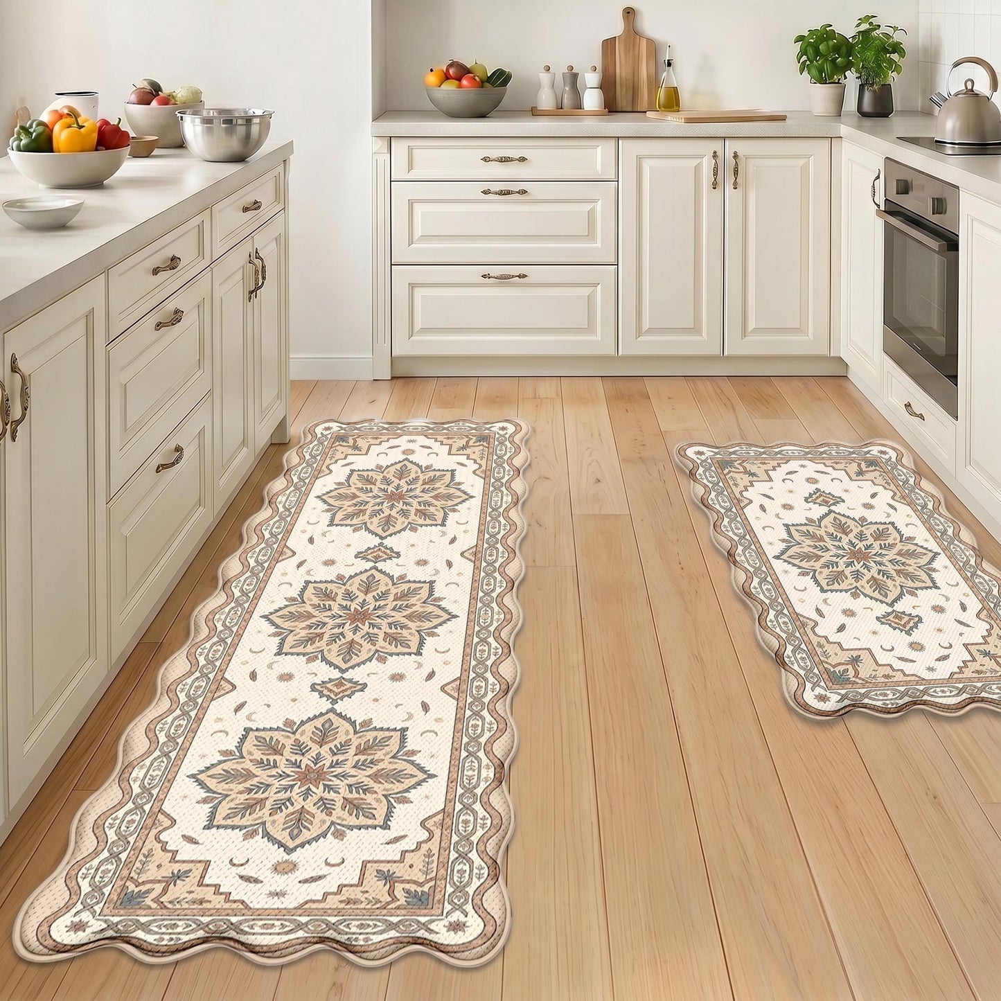 Cosovia Anti Fatigue Kitchen Mats Set of 2, Boho Mandala Scalloped Rug