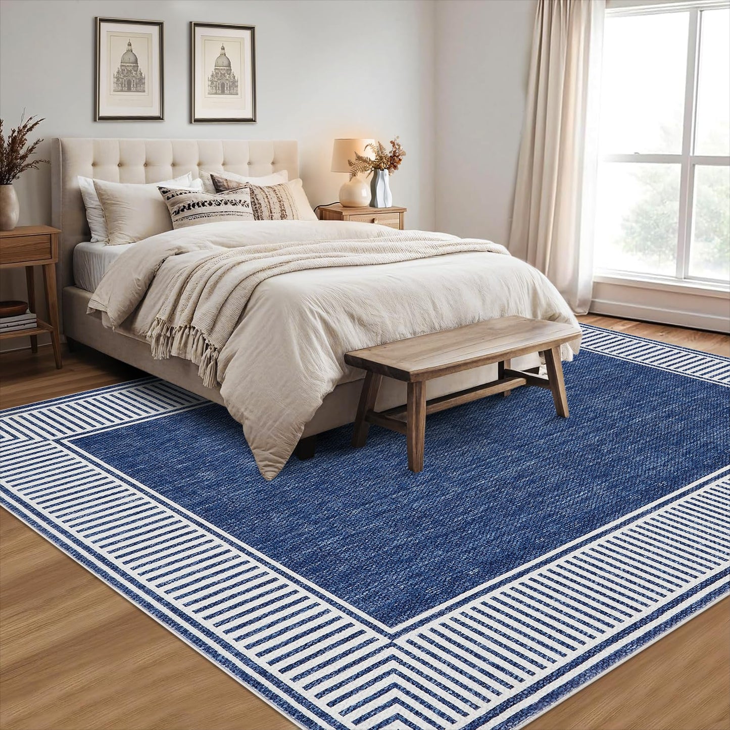 GarveeHome Washable Rug 5x7 for Bedroom Large Living Room Rug with Rubber Backing Casual Striped Border Throw Carpet Modern Contemporary Area Rug for Dining Room Nursery Entry, Blue