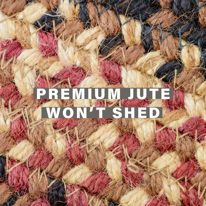 Oval Jute Braided Rug – All Natural Fiber 20" x 30" Area Rug, Made with Natural Jute Twine – A Reversible Rug for Rustic Home Décor – Homespice Prescott Oval Jute Rug 20" x 30" with Black, Red, Brown