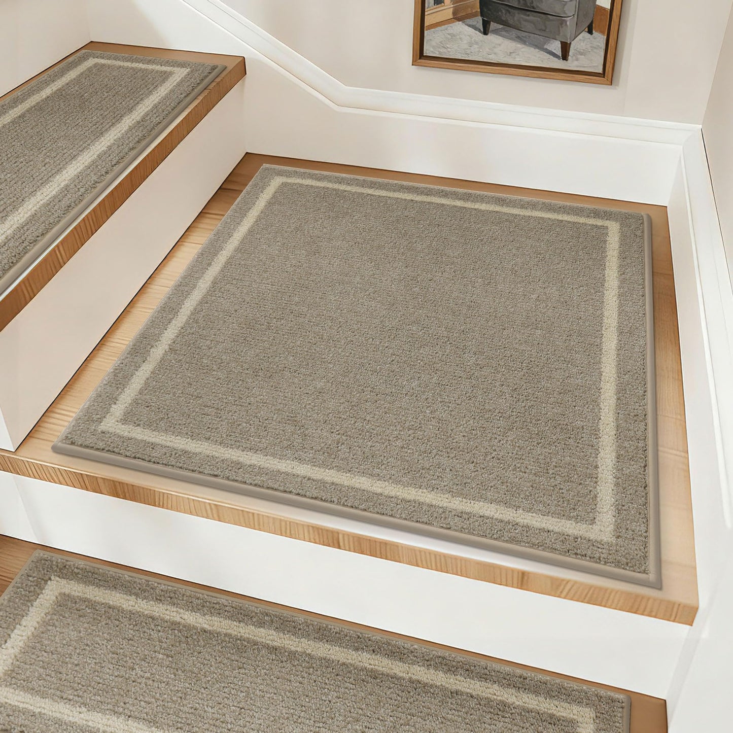COSY HOMEER Stair Landing Rug 30x30 Inch, Non-Slip Square Landing Mat for Wood Steps Indoor, Washable Polyester with TPE Backing, Beige