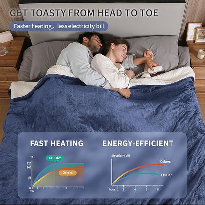 Electric Blanket King, Dual Control Heated Electric Blanket King Size with Flannel & Sherpa, Machine Washable Plush Heated Blanket 5 Heating Levels & 10 Hours Auto Off, 100" x 90", Navy Blue