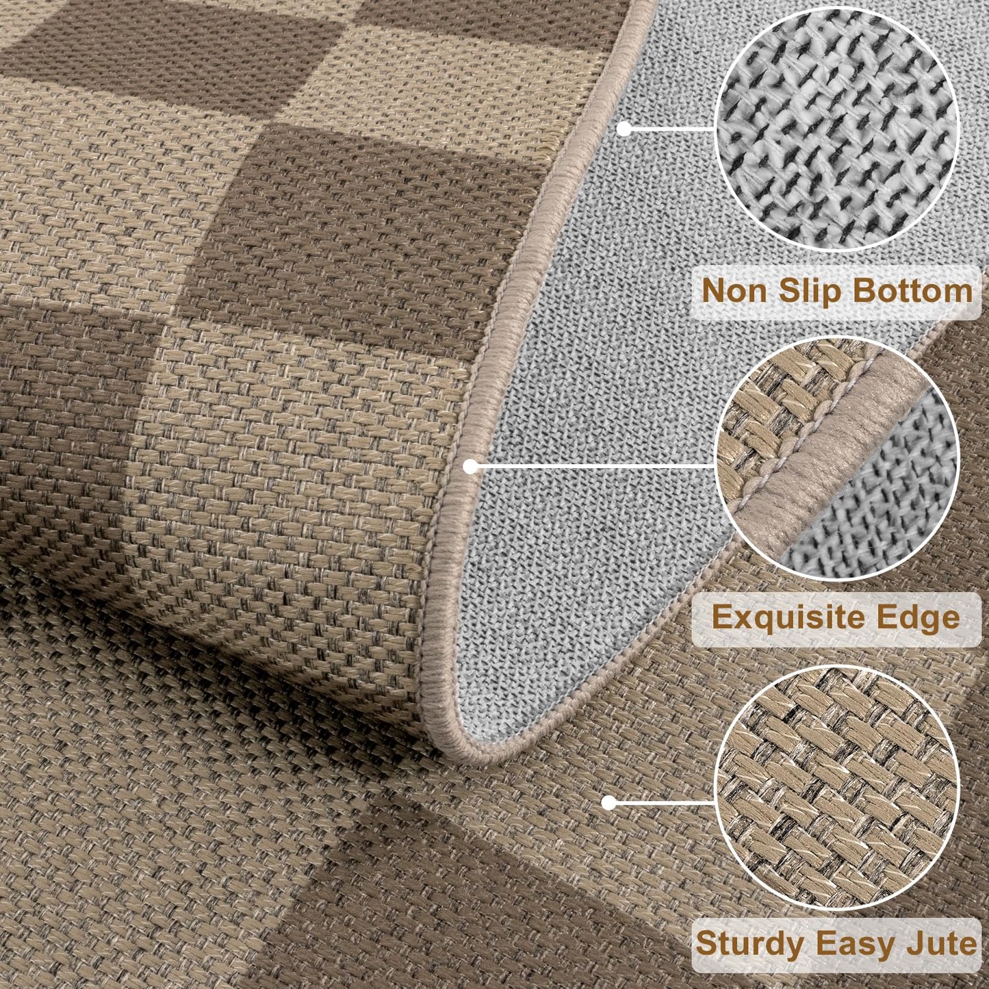 Rugalia Easy Jute Checkered Entryway Rug, 2.6x4 Brown Modern Indoor Outdoor Doormat, Washable Non-Slip Neutral Kitchen Rug Farmhouse Checkerboard Throw Rugs for Entrance Bedroom Bathroom