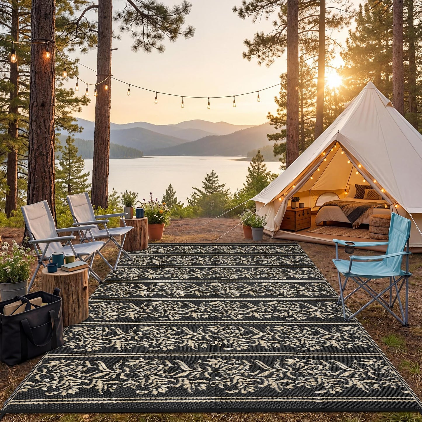 GarveeHome Outdoor Rug 9x12 Waterproof for Patio, Reversible Outdoor Plastic Straw Rug, Wallpaper Flower Indoor Outdoor Mat Carpet for RV, Camping, Deck, Backyard, Picnic, BlackCoffe