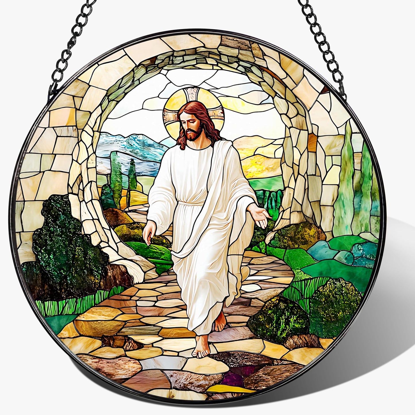 8 Inch He is Risen Resurrection of Jesus Stained Glass Suncatcher, Stained Glass Window Hanging, Sun Catchers Indoor Window Decor and Christmas, Christian Gift, Religious Gifts, Christian Home Decor