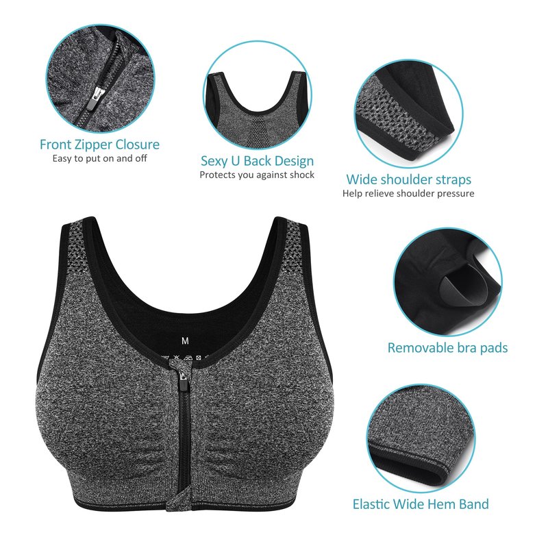 Women's Zip Front Sports Bra - Wirefree, Padded, Racerback, Seamless, Mastectomy, Post Op, Workout, Gym, Yoga, Compression - 3 Pack