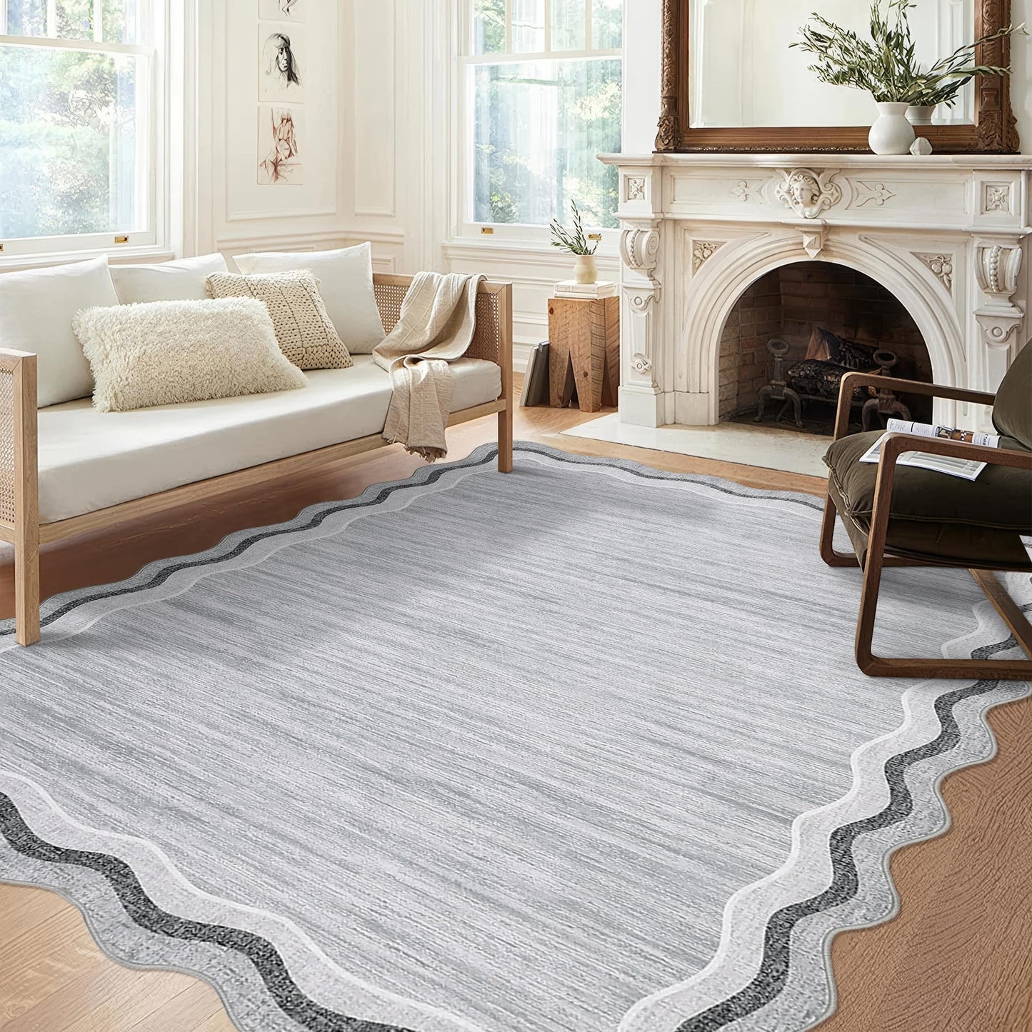 Garvee Scalloped 8x10 Rugs Washable Area Rugs for Living Room,Modern Stain Resistant Solid Rug for Bedroom, Scalloped Low Pile Non-Slip Neutral Rug for Farmhouse Dining Room Home Office Dorm,Grey