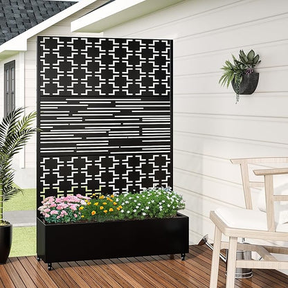 Casaphoria Metal Raised Garden Bed with Trellis and Wheels, 72"x47"x16" Planter Box for Climbing Plants, Vegetables & Vines, Features Drainage Holes and Privacy Screen, Black(Parallel&Louvered)
