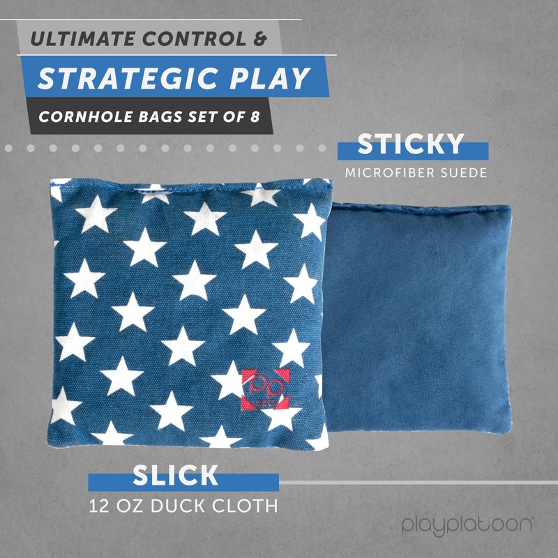 Play Platoon Professional Cornhole Bags - All Weather Dual Sided Corn Hole Bags Set of 8 - Improved Regulation American Flag Bean Bag for Cornhole Game - 4 Stars & 4 Stripes
