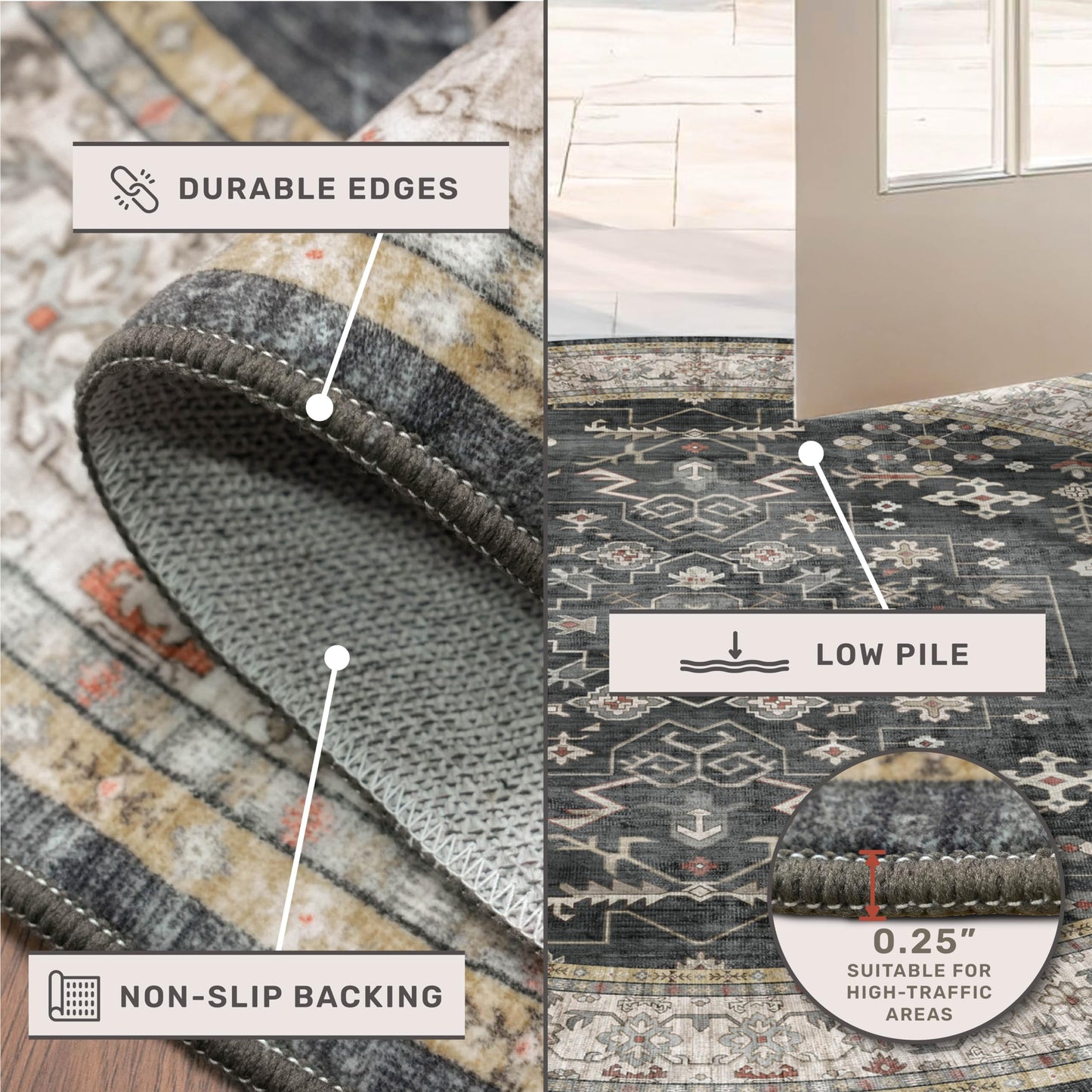 Washable Oval Rug 5x8 - Black Farmhouse Oval Area Rugs for Dining Room, Kitchen Table, Living Room, Bedroom, Reading Corner Rug, Dark Boho Floor Carpet Low Pile Non-Slip & Stain Resistant