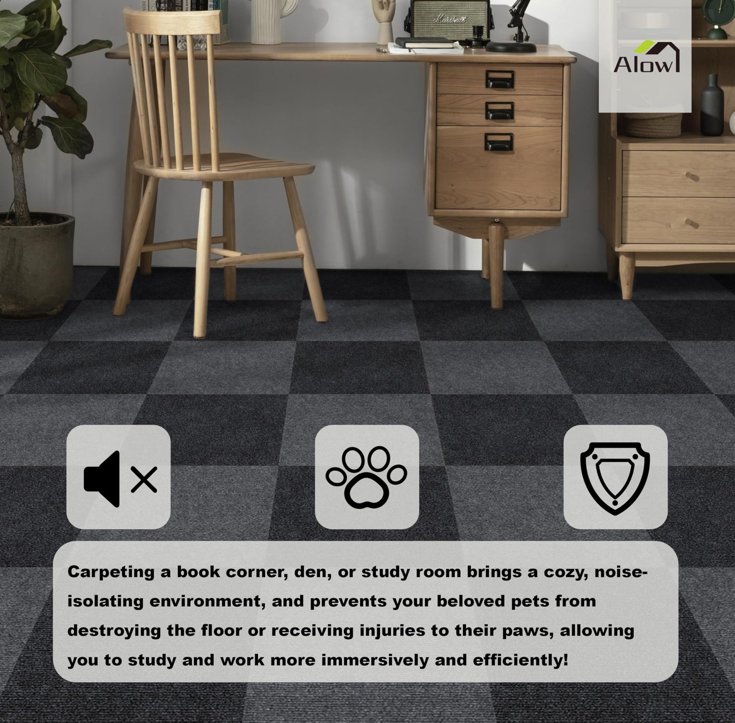 Alow 25pcs Carpet Tiles Peel and Stick,12" x 12" Carpet Squares Self Adhesive, Cover 25Sp.ft Easy to use for Bedroom,Kitchen and More (All Black)