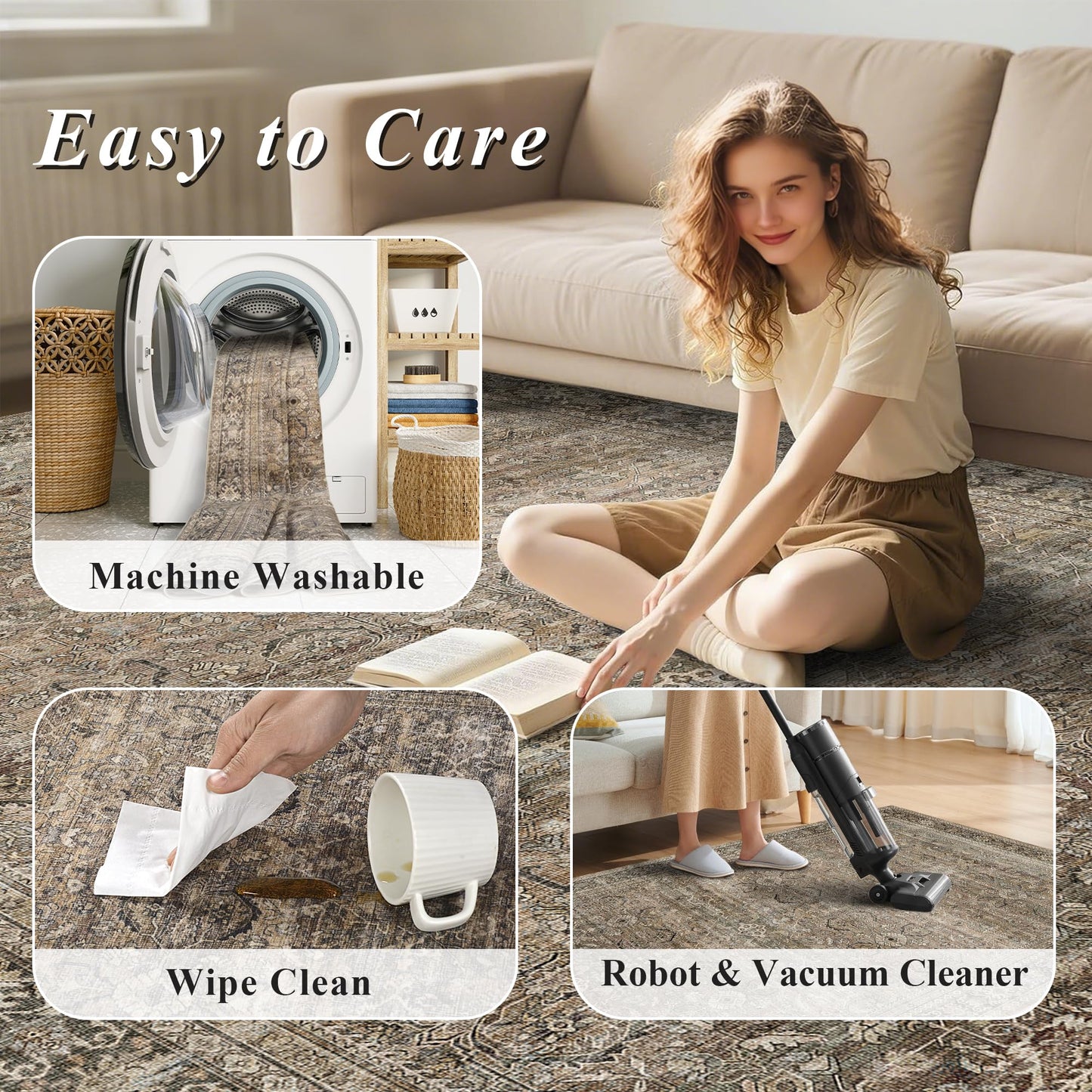 Schweek 8x10 Washable Area Rug Brown Neutral Vintage Distressed Rugs Large Non-Slip Living Room Area Rugs, Soft Low Pile Carpet Indoor Mat Throw Rug for Bedroom Dining Room Office Nursery
