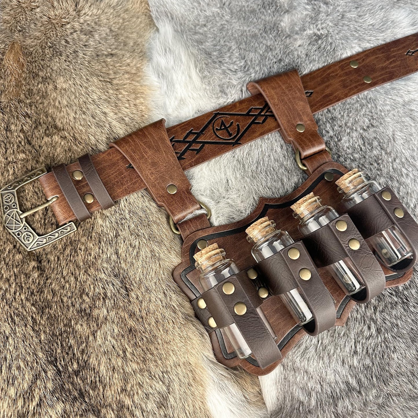 HiiFeuer Medieval Embossed Alchemy Faux Leather Buckle Belt with 4 Cork Vials, Fantasy Wizard Potion Bottles Belt (Brown B)