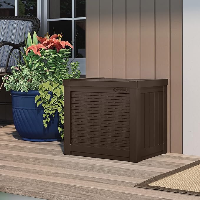 Suncast Small Outdoor Storage Box - 22 Gallon Java Resin Outdoor Deck Box, Flat-Lid Bench Seating, Patio Storage Bin Container for Organizing Toys, Tools, Cushions for Porch, Deck, Pool, & Garden