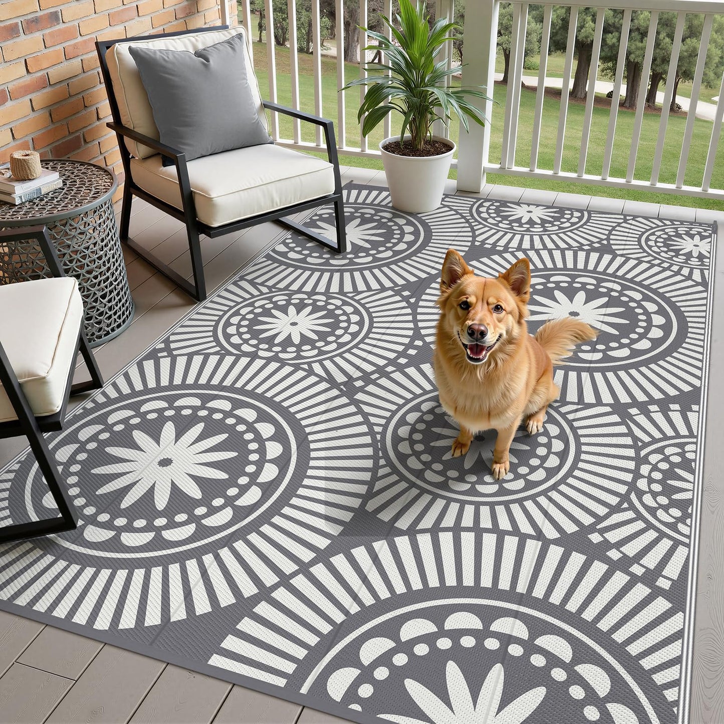 Ileading Outdoor Patio Rug Waterproof, Reversible Plastic Straw Mat, Grey Geometric Outside Carpet Quick Dry, Portable Area Rug for Deck Porch Balcony Camping RV (6×9 ft)