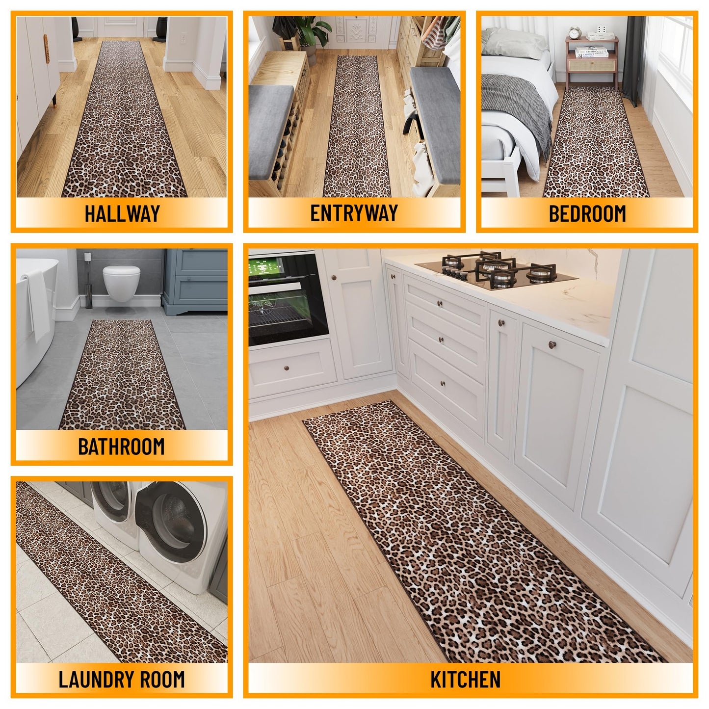 Ottomanson Kitchen Runner Rug 1'10.5" x 6' – Machine Washable Soft Non-Slip Rug, Quick Dry Low Pile Carpet for Kitchen, Bathroom & Entryway, Leopard Print Brown