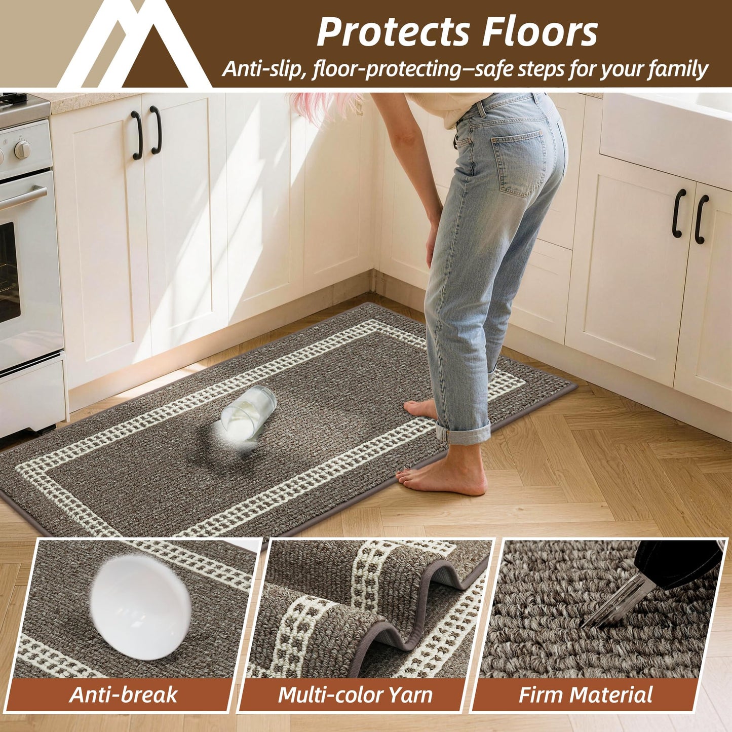 COSY HOMEER Kitchen Rugs Non-Slip 20x30/20x48 Inch Thick Polypropylene Standing Mat for Home Machine Washable, Brown