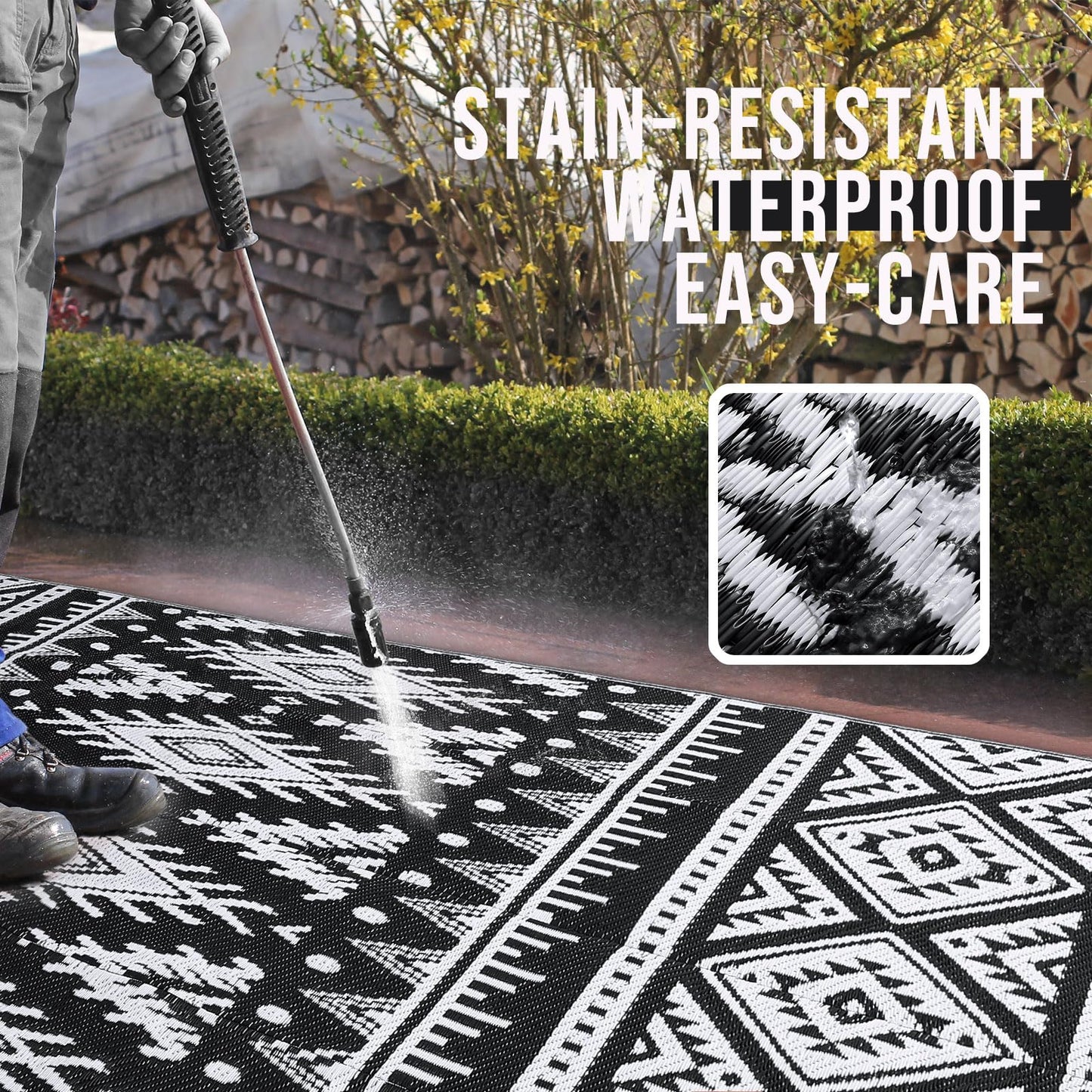 OLANLY Outdoor Rug Waterproof 8x10 ft, Reversible Outdoor Plastic Straw Rug, Boho Patio Rug, Indoor Outdoor Carpet, RV Mat Outside for Patio, Camp, Picnic, Balcony, Deck, Backyard, Black & White