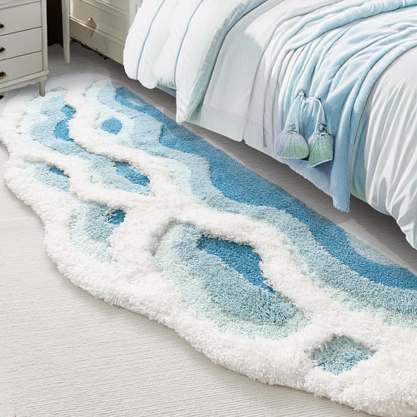 ZSHIFANG Soft Shag 3D Stereo Wave Moss Bedside Rug 20"×36" Cute Navy Blue Runner Rug Non Slip Washable Bathroom Rugs Bath Mats for Bedroom Bathroom Hallway Home Decor Indoor Doormat Shower Mat