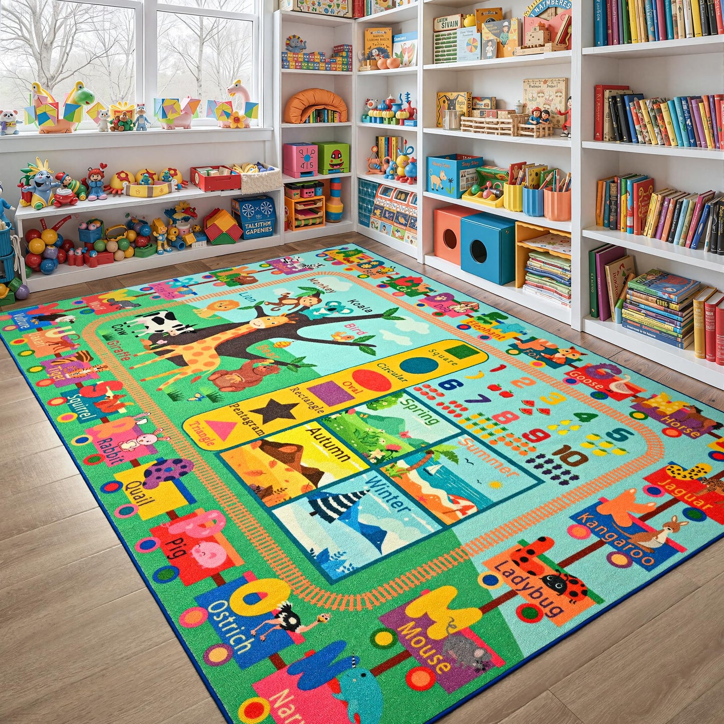 Maxsoft Kids Rug for Playroom, Educational 4x6 Play Mat for Classroom, Washable Playmat for Learning ABC Alphabet Animal Season Shapes Numbers Daycare Rug for Kids Room Nursery Children Toddler