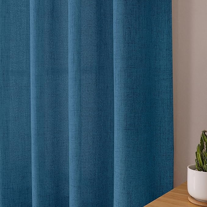 Tollpiz Linen Curtains Bedroom Rod Pocket Semi Sheer Curtain Burlap Light Filtering Thick Linen Drapes for Living Room, 54 x 84 inches Long, Classic Blue, Set of 2 Panels