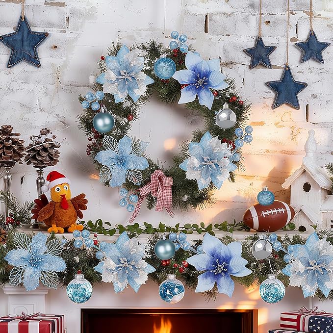 76Pcs Christmas Tree Decorations Set, Blue Assorted Ornaments with Large Shatterproof Plastic Balls, Star Tree Topper, Glitter Berries Stems, Ribbon for Indoor Garland Home Holiday Wedding Decor