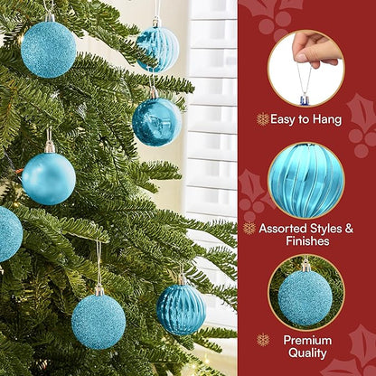 JOIEDOMI 24 Pcs Baby Blue Christmas Tree Ornaments Set, 2.36" Shatterproof Christmas Balls, Xmas Hanging Ornaments Decorations for Tree Wreath Garland Holiday Wedding Indoor Party Decor