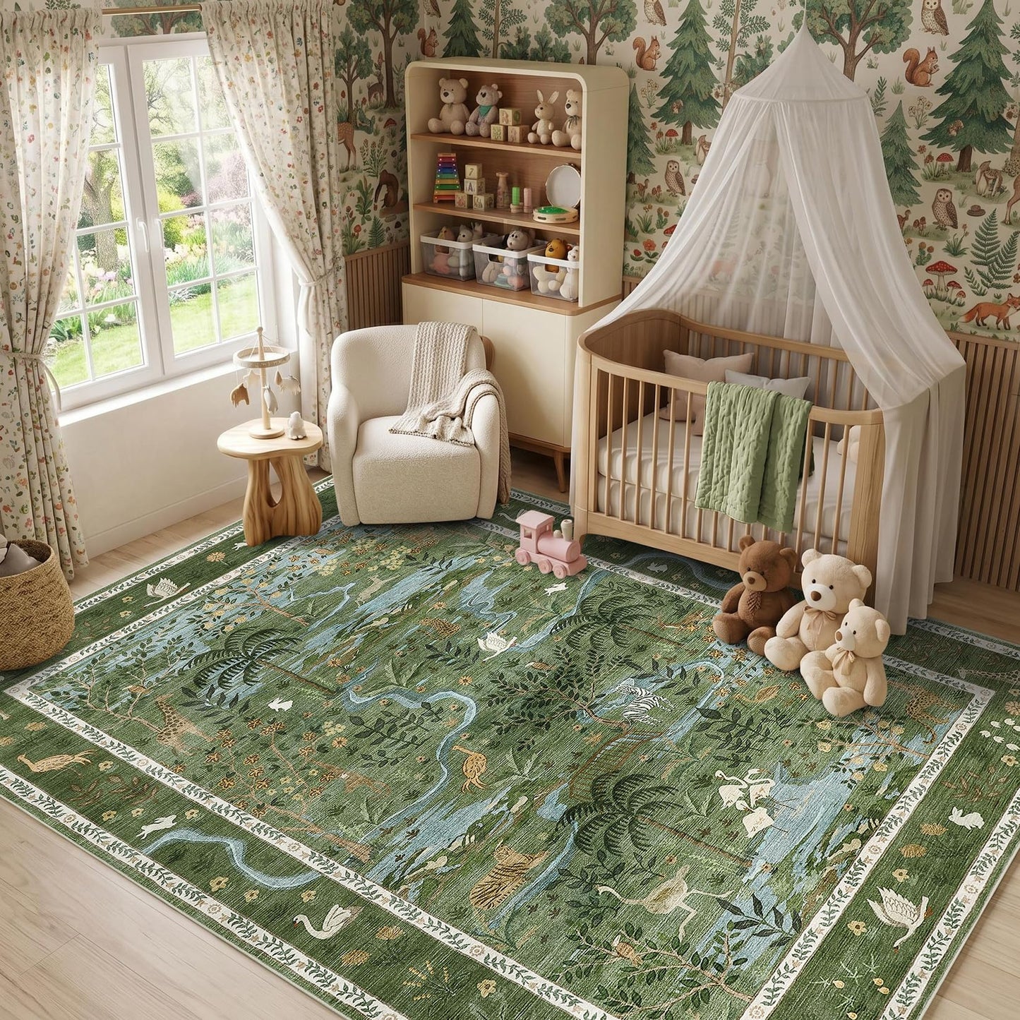 Washable Area Rug 5x7 Green Animal Print Rugs for Nursery Non Slip Stain Resistant Forest Fairy Tale Throw Carpet Low Pile Whimsical Safari Area Rugs for Entryway Girls Bedroom Dining Room, Green