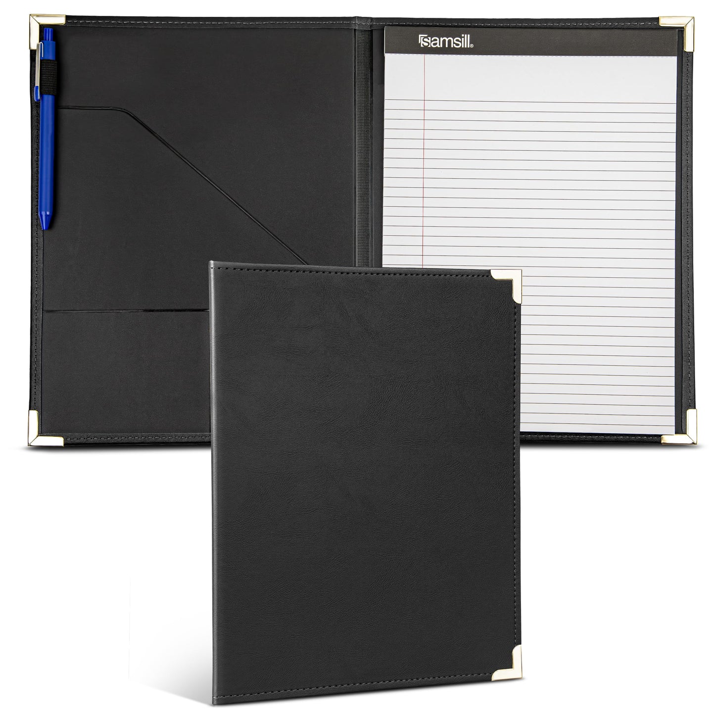 Samsill Classic Collection Business Portfolio - Executive Padfolio for Resume & Document Organizer - 8.5 by 11-Inch Legal Pad, Faux Leather with Brass Corners (Black)
