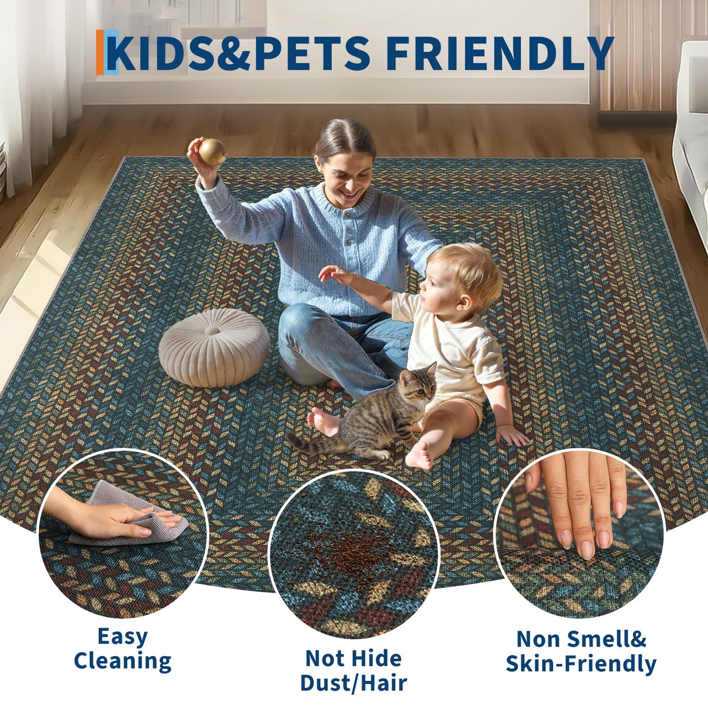 Braided 5x7 Rugs for Living Room Washable Easy Jute Outdoor Patio Rug Non Slip Stain Resistant Modern Bordered Bedroom Throw Carpet Indoor Outdoor Low Pile Area Rugs for Porch Kitchen, Navy/Rust
