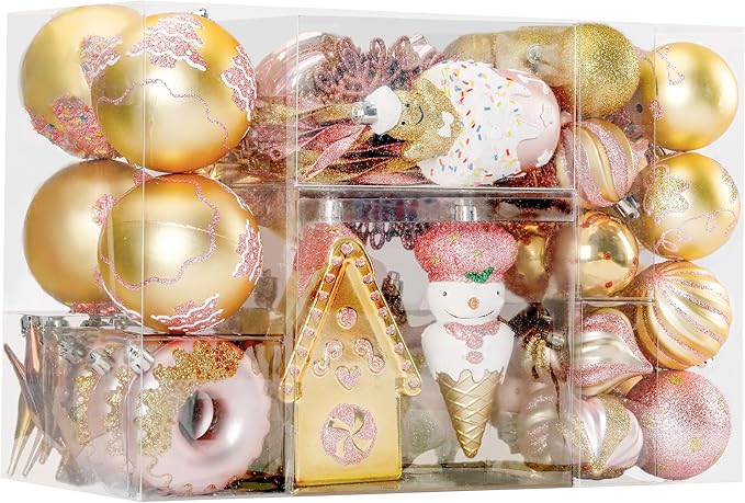 SHareconn 86pcs Christmas Tree Balls Ornaments, Shatterproof Plastic Decorative Baubles for Christmas Tree Decorations, Holiday Wedding Party Decoration, Festive Ornaments,Pink Gold