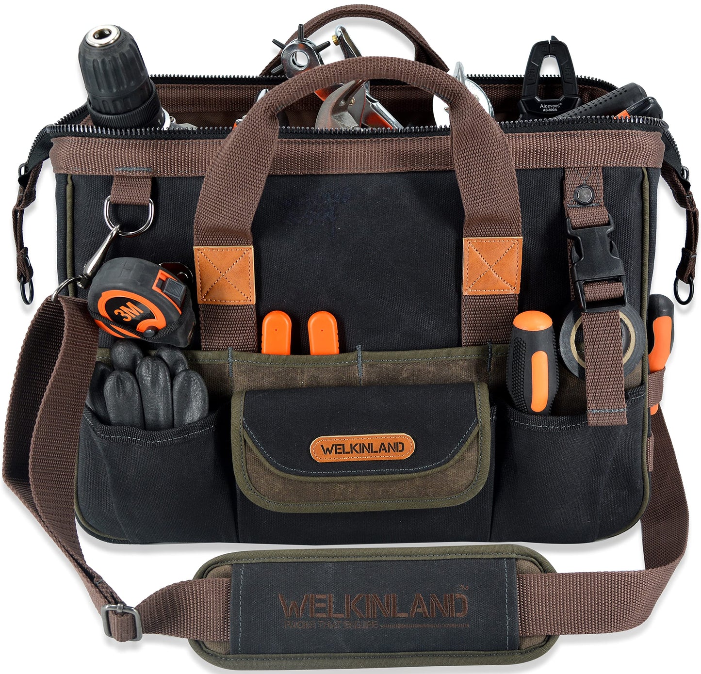 WELKINLAND 32-Pockets Waxed Canvas tool bag, Heavy-Duty Electrician tools bag, HVAC tool bags, Tool bag organizer, 16" Tools bag carrier for men, Tool bags for electricians