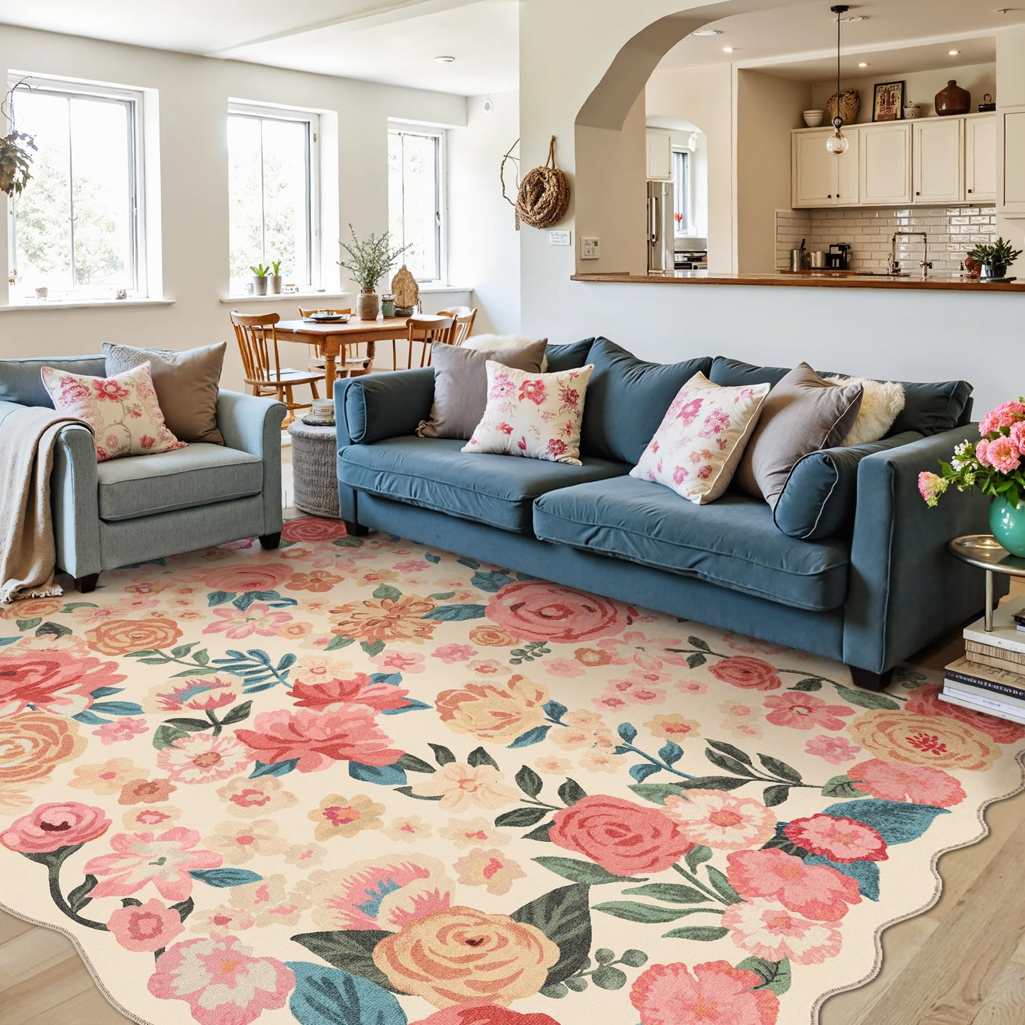 PureCozy Washable Floral Area Rug 6x9 Beige Living Room Large Carpet Bedroom Scalloped Flower Non Slip Soft Throw Rug Farmhouse Low Pile Thin Indoor Floor Cover for Dining Room Office