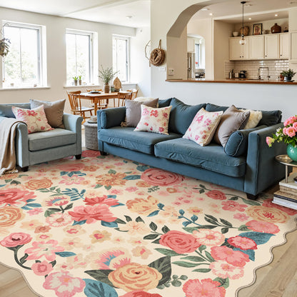 PureCozy Washable Floral Area Rug 6x9 Beige Living Room Large Carpet Bedroom Scalloped Flower Non Slip Soft Throw Rug Farmhouse Low Pile Thin Indoor Floor Cover for Dining Room Office