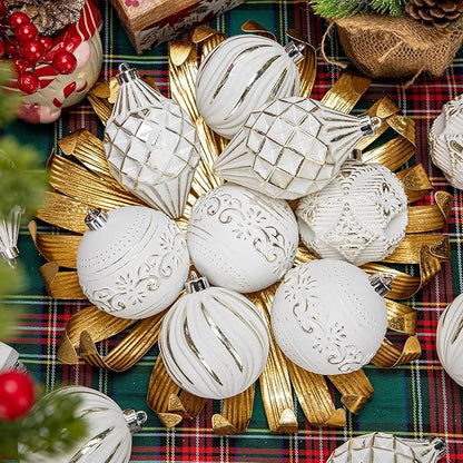 16PCS Shatterproof Christmas Ball Ornaments Set, Hand-Painted Holiday Decor with Assorted Sizes & Designs for Christmas Tree Thanksgiving Party Decoration, Champagne-White