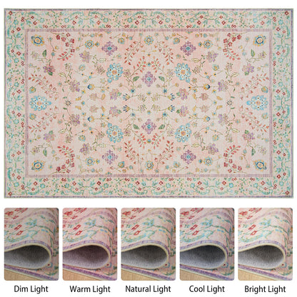 Goideal Pale Pink Rug for Girls Room, 4x6 Floral Washable Area Rug Non Slip, Boho Low Pile Carpet with Rubber Backing for Bedroom Living Room Bathroom Playroom Nursery Office