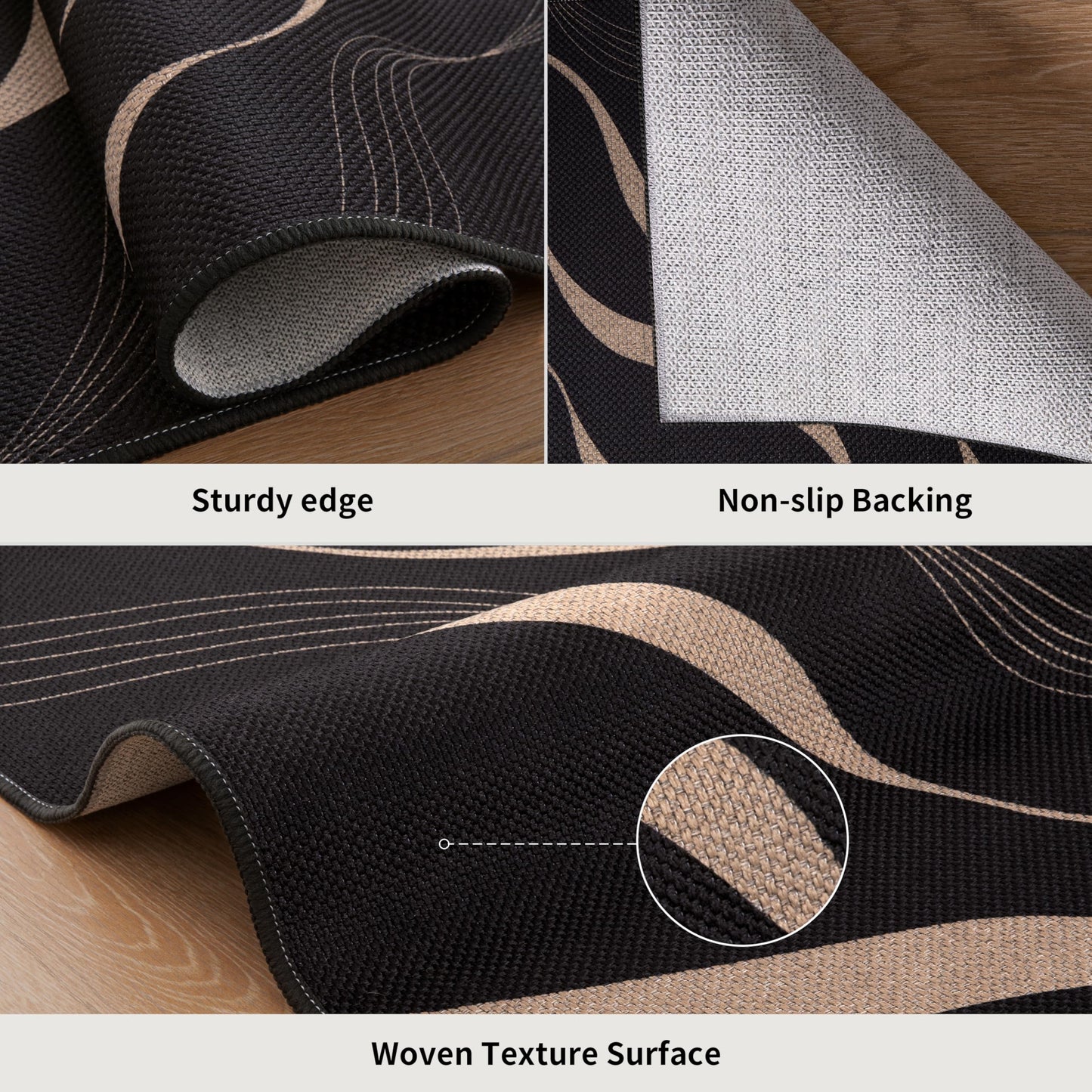 Tangsoo Easy Jute 2x6 Runner Rug for Hallways,Black Washable Non-Slip Outdoor Rug Runner,Modern Farmhouse Wavy Lines Thin Carpet Runner for Laundry Bedroom Kitchen Entryway Porch
