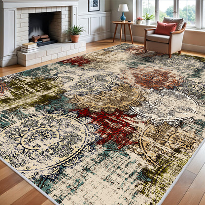 BYYVVO 9x12 Living Room Area Rugs - Washable Abstract Large Rug Ultra Soft Non-Slip Carpets for Bedroom Stain Resistant Low Pile Carpet Indoor Home Decor Mat 9x12 Red Green Multi