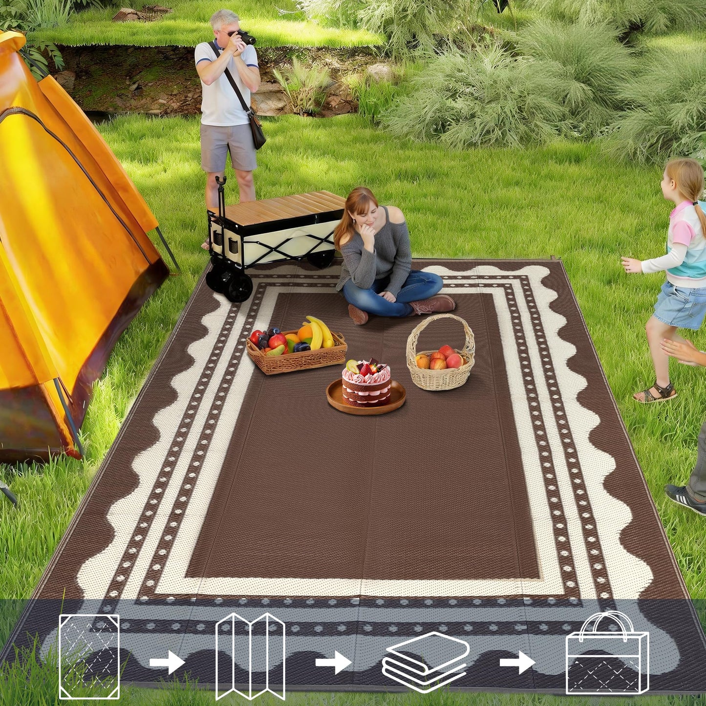 IDEALHOUSE Waterproof Outdoor Rug 9x12 for Patio, Reversible Modern Area Rug, Large Plastic Straw Mat for Camping, RV, Porch, Backyard, Deck, Picnic, Beach, Brown & Beige