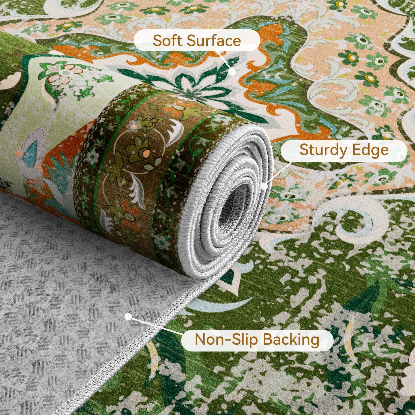 RUSHUFFY 6x9 Washable Area Rugs for Living Room, Non-Slip Boho Vintage Traditional Medallion Print Pattern Carpet for Bedroom Dining Room Farmhouse Nursery Room, Dark Green