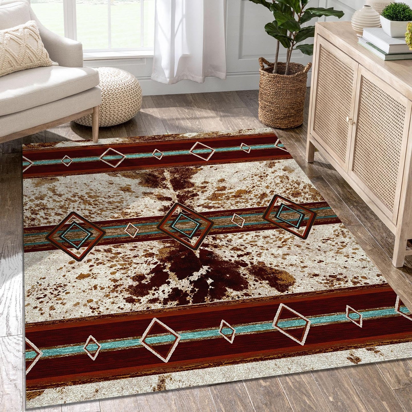 Combo Southwest Faux Cowhide Area Rug and 4 Pcs Non-Slip Rug Tape for Living Room, Bedroom, Southwestern Area Rugs, Native American Rug, Geometric Western Rugs, Aztec Tribal Rugs Home Decor 5x8 ft