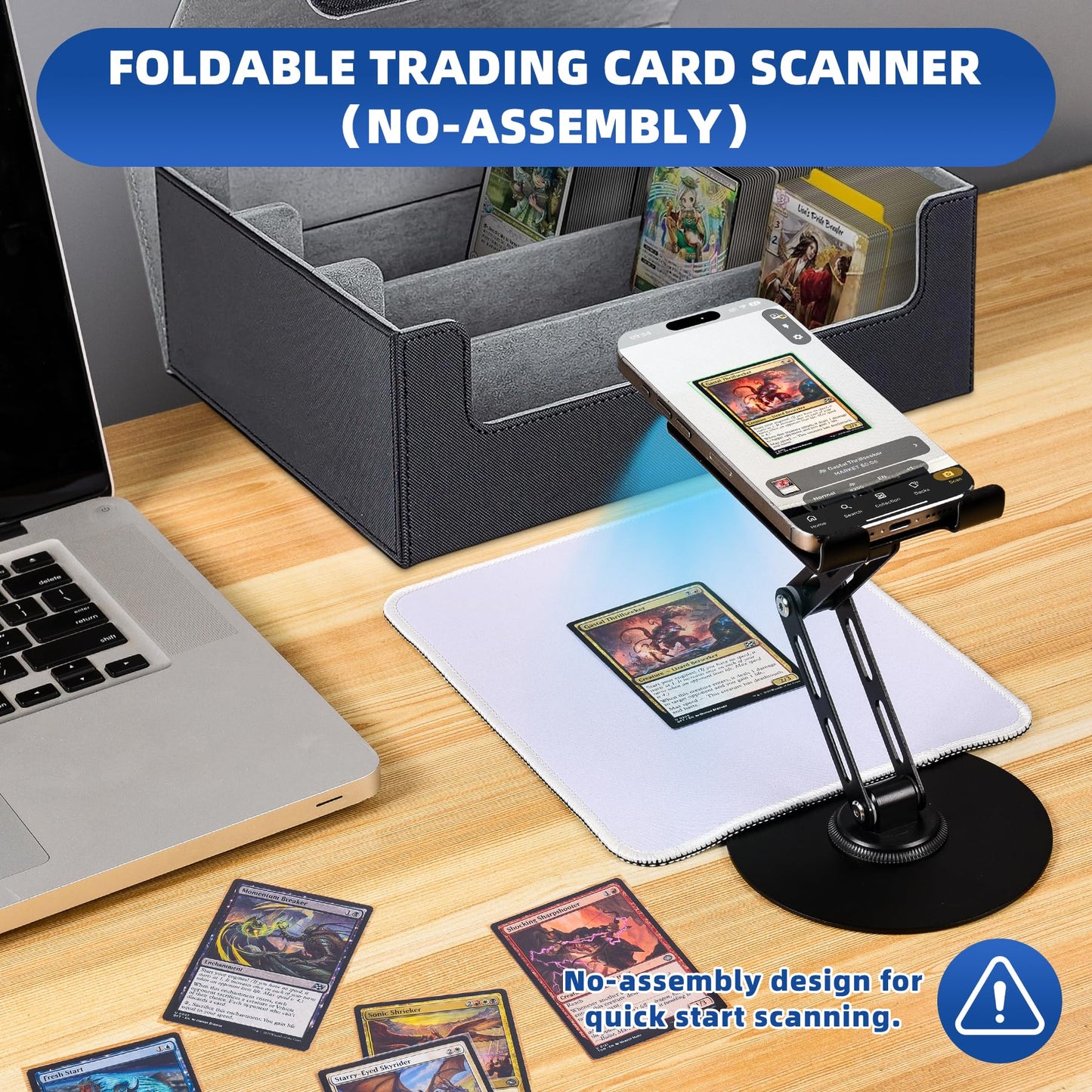 Utllsitm Foldable MTG Trading Card Scanner Stand,Carbon Steel Phone Holder Includes 50 Standard Size Card Sleeves and Scanning Pad,Ideal for Quickly Scan and Price Check,Available for ManaBox