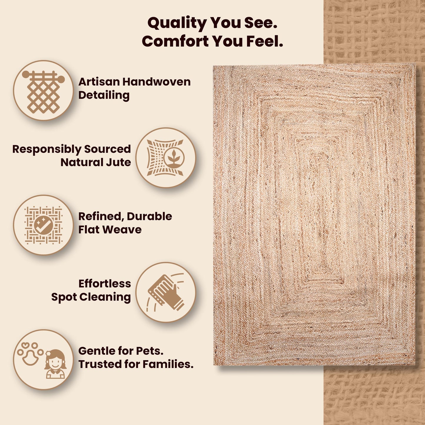 Craft Trade Hand Woven Small Jute Braided Door Mat 2x3 ft - Natural, Boho Reversible Floor Carpet for Living Room, Farmhouse Accent Rugs for Kitchen, Nursery, Kids Room, Bedroom, Patio - 24X36 Inch