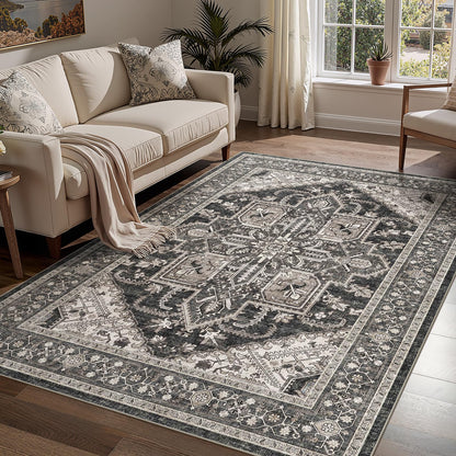 WITSHOCK Living Room Area Rugs 5x7: Washable Rug Boho Soft Non-Slip Low Pile Stain Resistant Foldable Carpet for Bedroom Playroom Dining Room Office Kitchen Farmhouse Home Decor Rug-Bitter Black