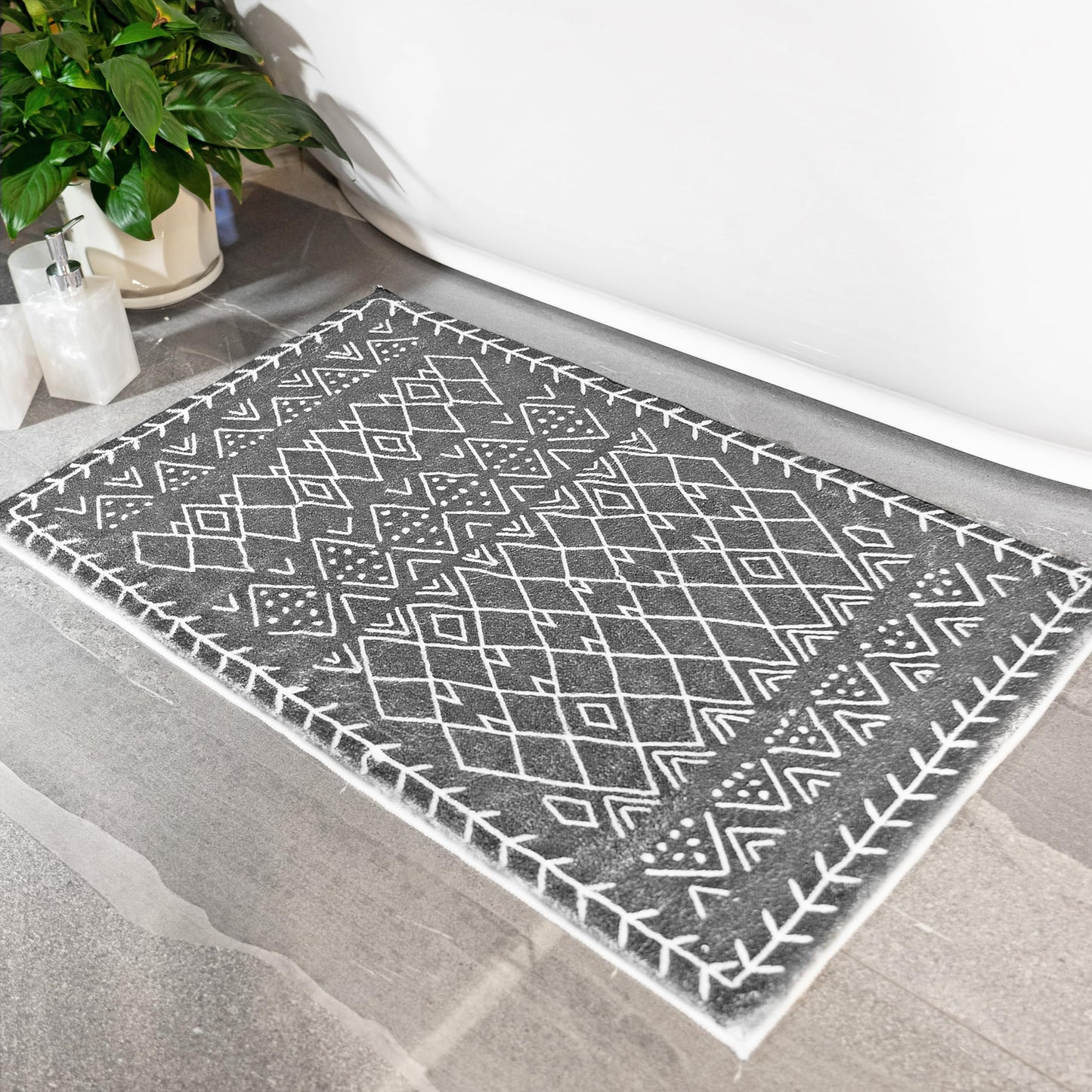 Tititex Luxury Dark Grey White Bohemian Runner Rug, 20x32 inch Extra Soft Microfiber Area Rugs, Non-Slip Plush Shaggy Boho Bedside Carpet, Mats for Bedroom Floor, Laundry and Doorway