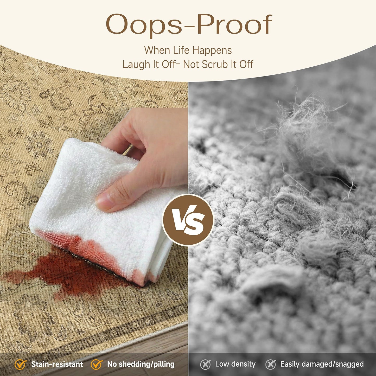 HUGEAR 3x5 Machine Washable Area Rugs Vintage Brown - Neutral Non Slip Stain Resistant Low Pile Aesthetic Throw Carpet Kids & Pet Friendly for Living Room Kitchen Dining Room Laundry