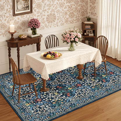 GarveeHome Floral Area Rugs 5x7, Dark Blue Washable Rug for Living Room, Bedroom, Low Pile Non Slip Stain Resistance Indoor Boho Carpet Mat for Farmhouse, Dining Room, Office