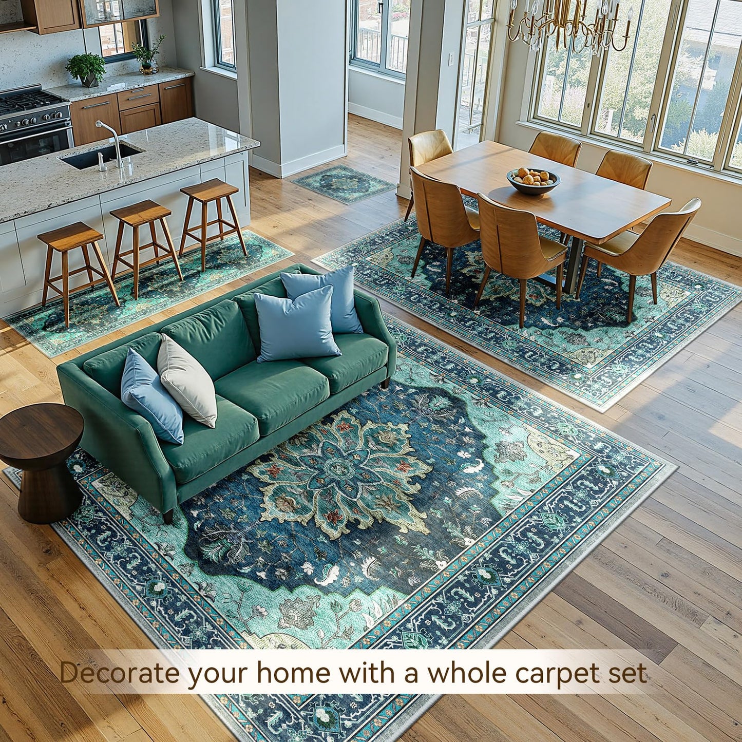 RELEANY Area Rugs 5'x7' Washable Non-Slip, Floral Vintage Distress Medallion Carpet for Living Room Bedroom Dining Room, Teal Green Lake Blue Turquoise