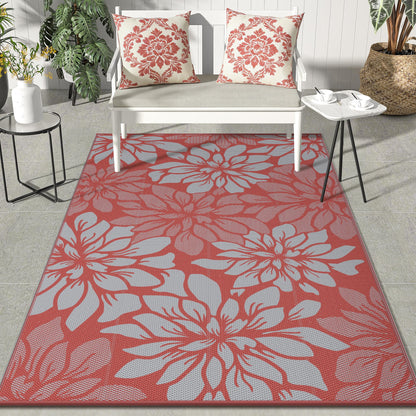 GENIMO Outdoor Rug Waterproof for Patio Decor, 9' x 12' Reversible Plastic Straw Floral Camping Carpet, Large Area Rugs Mats for RV, Camper, Deck, Balcony, Porch, Beach, Picnic, Red & Grey