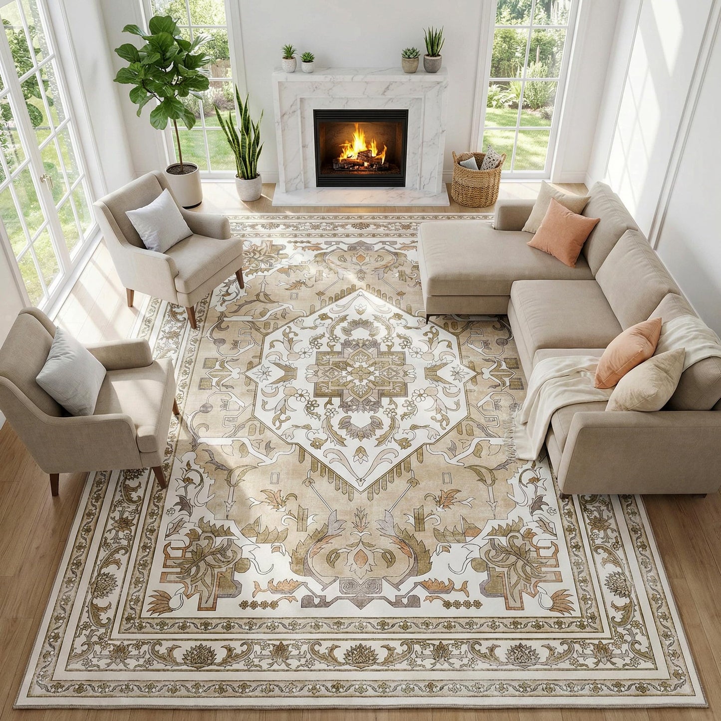 Cnythlis Extra Large Washable Area Rug Living Room Rug 9'x12', Vintage Medallion Non Slip Water Resistant Faux Wool Carpet for Bedroom Dining Room Office, 0.26" Low Pile, Beige & Ivory